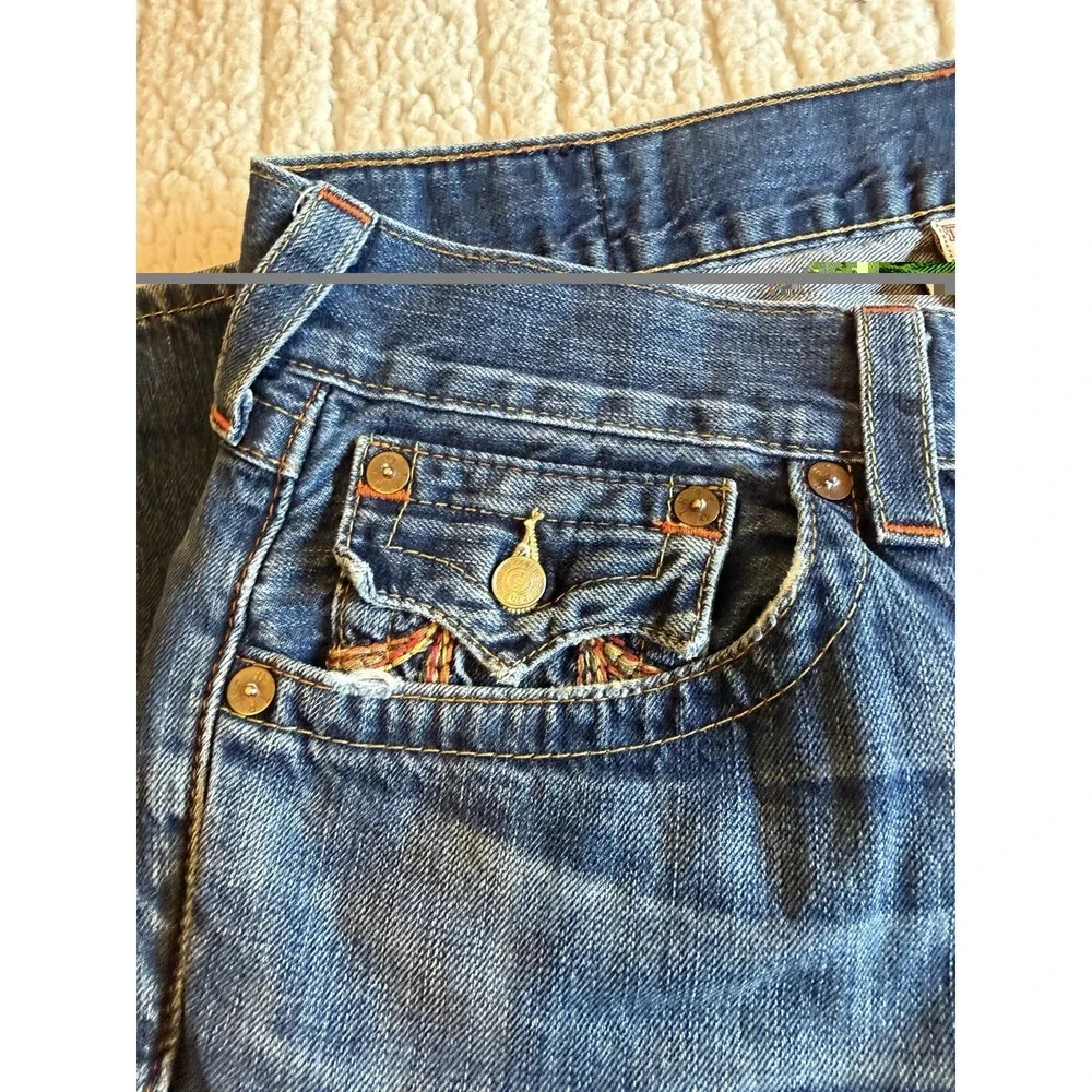 True Religion Jeans Mens Blue Dark Wash Rainbow Billy Straight Whisker Size 34